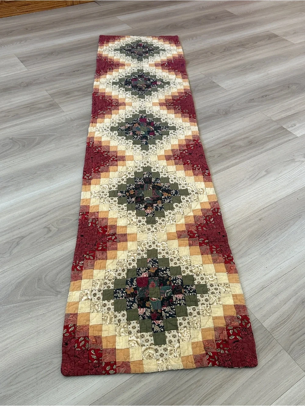 Patchwork Table Runner in Burgundy, Cream & Olive